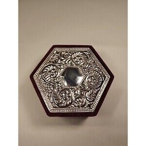 Velvet Jewelry Box Hexagon Dark Red Velvet Silver-Plate Godinger Vintage Ang